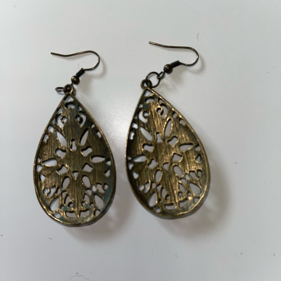 Metal Dangle Earrings with Turquoise Color Overlay - Picture 2 of 2